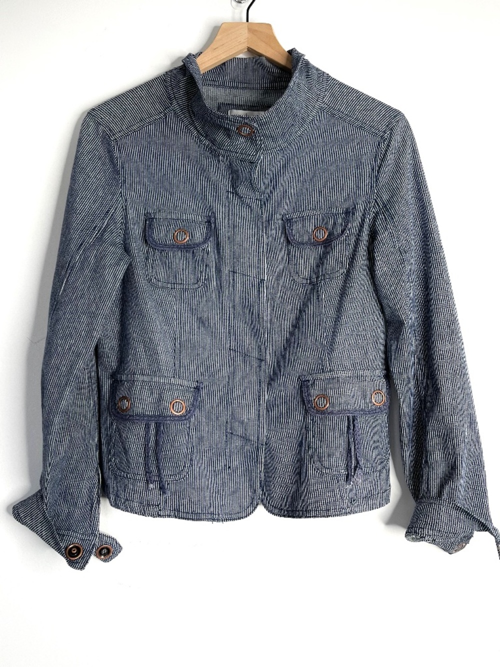 Live a Little LAL Blue Striped Jacket Funnel Neck Copper Snaps
